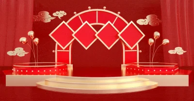 新春新年年货节红色3D立体舞台展示背景电商促销模型PSD设计素材(1)