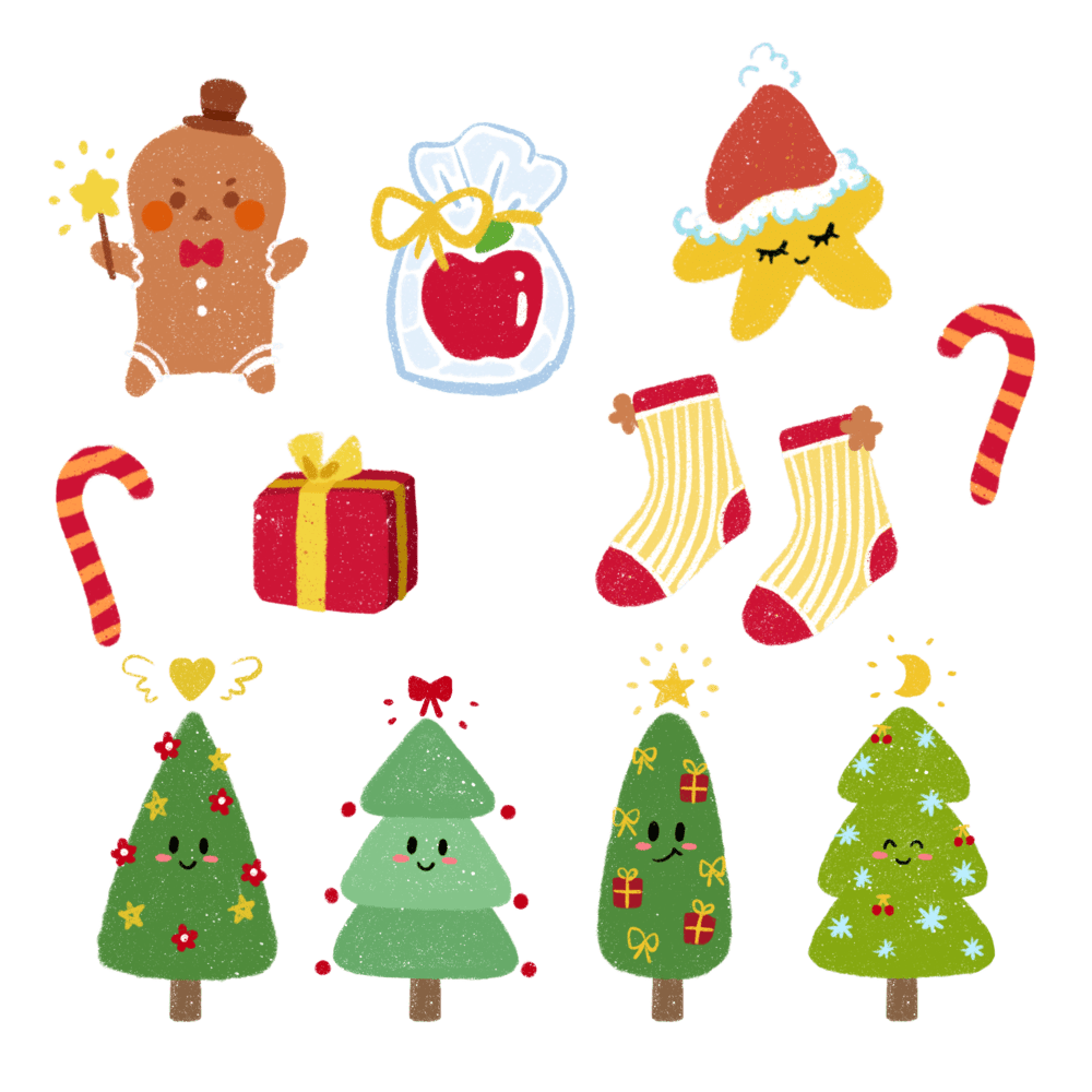 圣诞节平安夜圣诞树礼物卡通贴纸元素插画免扣设计素材(125).psd