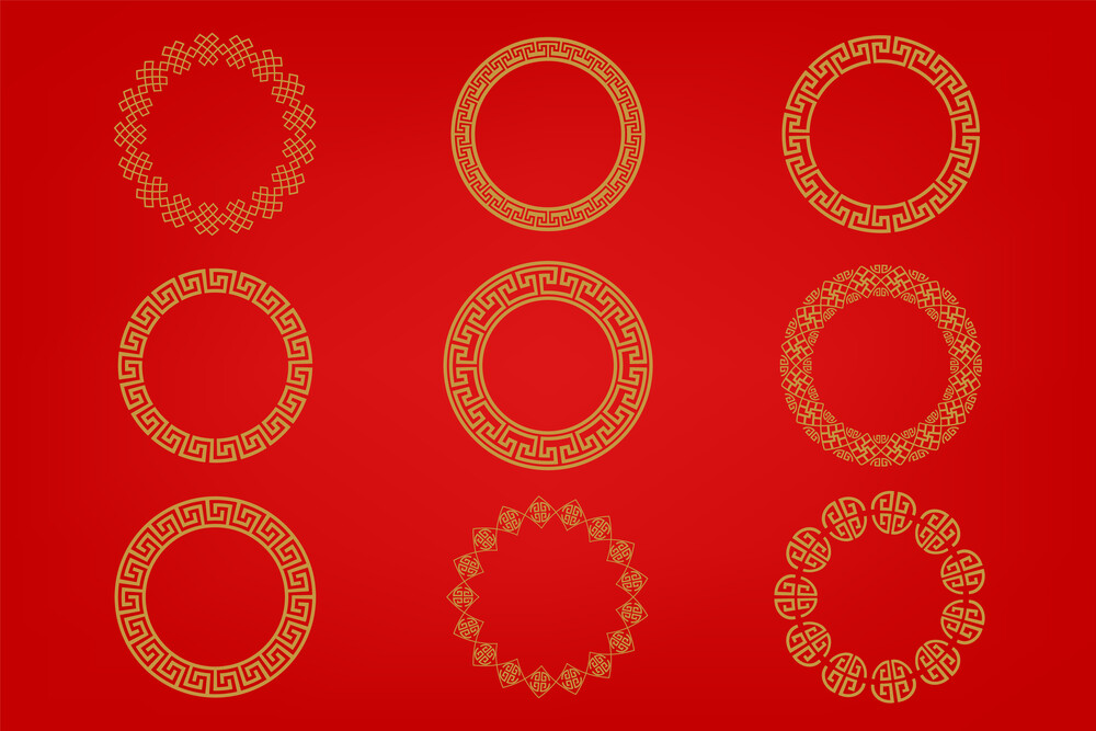 红色古风金黄圆形方形长方形边框古典传统图案边框(42).eps